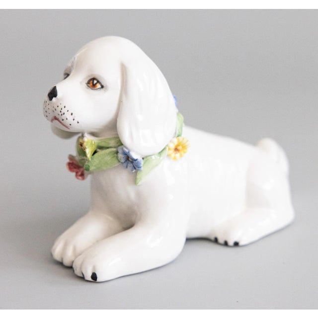 Vintage Italian White Majolica Dog Figurine With Flower Wreath For Sale - Image 9 of 9