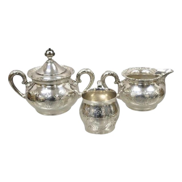 Antique Van Bergh Silver Plated Victorian Tea Serving Set W/ Monogram - 3 Pc Set For Sale