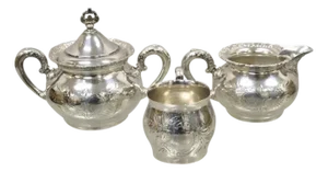 Antique Van Bergh Silver Plated Victorian Tea Serving Set W/ Monogram - 3 Pc Set