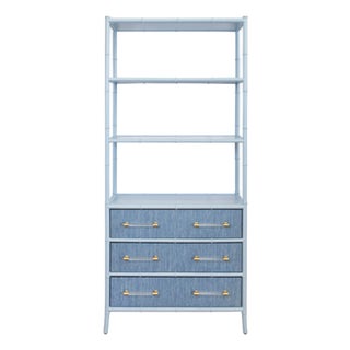Matthew Izzo Home Flynn Light Blue Grasscloth and Matte Lacquer Bamboo Profile Three Drawer Open Shelf Etagere With Acrylic and Brass Bar Handles For Sale