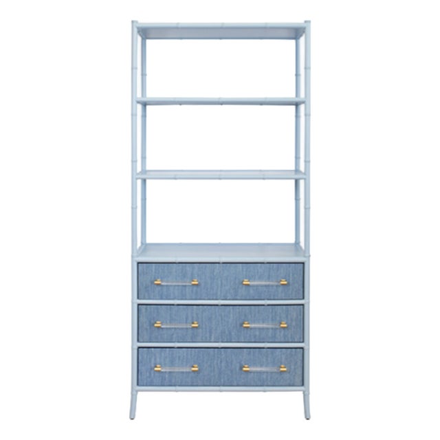 Matthew Izzo Home Flynn Light Blue Grasscloth and Matte Lacquer Bamboo Profile Three Drawer Open Shelf Etagere With Acrylic and Brass Bar Handles For Sale