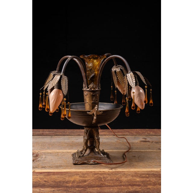 Early 20th Century Early 20th Century Art Nouveau Brass and Amber Glass Tear Drop Epergne Lamp For Sale - Image 5 of 18