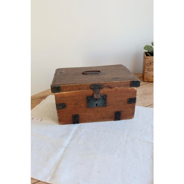 Small Antique Wooden Chest with Metal Fittings, 1930s For Sale - Image 4 of 10