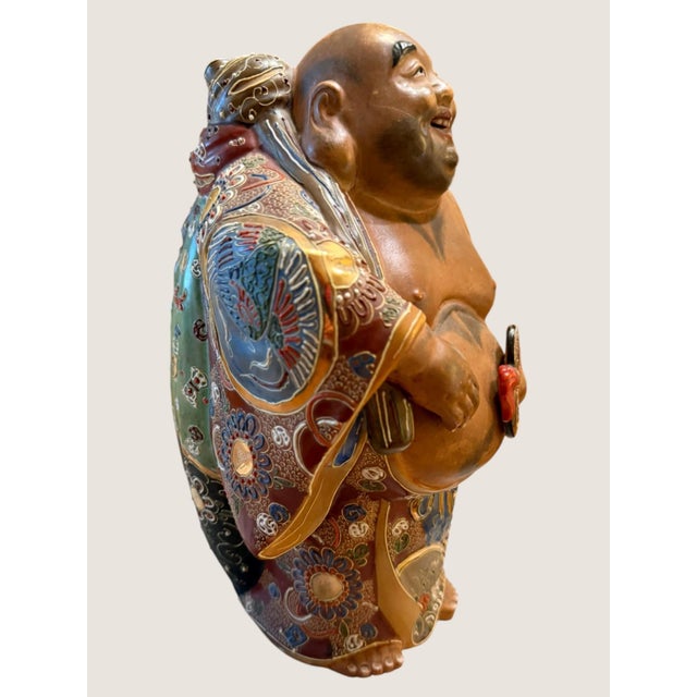 Vintage Japanese Kutani Moriage Hotei Laughing Buddha Statue 10.5" Hand Painted For Sale - Image 4 of 12