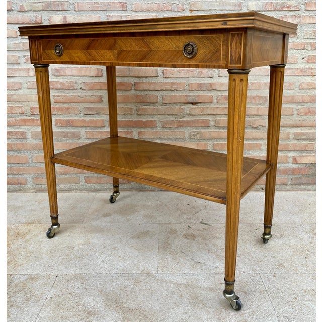 French Neoclassic French Marquetry Side Table With One Drawer And Wheels 1940s For Sale - Image 3 of 18