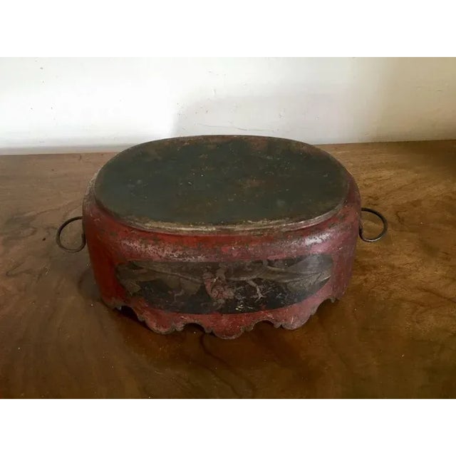 Antique 18th century French paint decorated tole monteith. Oval with loop handles at the sides. Original red finish with...