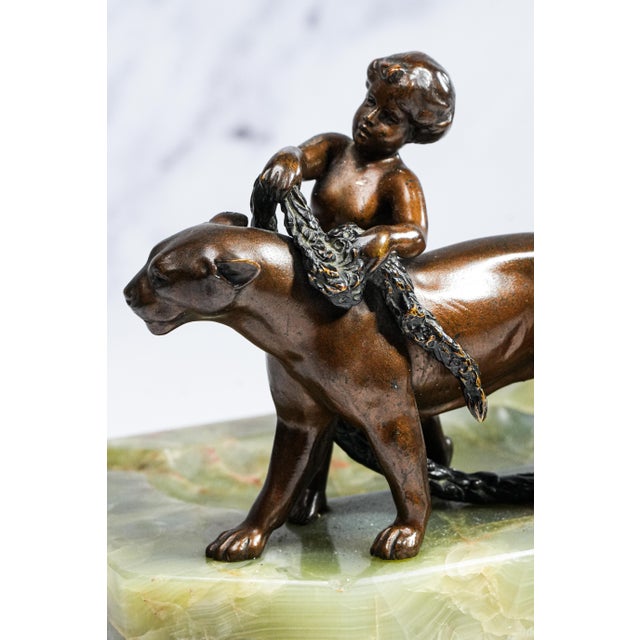 Green Stunning Solid Bronze Antique Sculpture Statue Cherub and Panther Onyx Base Catchall For Sale - Image 8 of 13