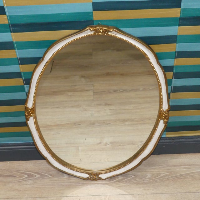 Wood Large Vintage Shabby Chic Baroque White and Gold Oval Mirror, 1970s For Sale - Image 7 of 9