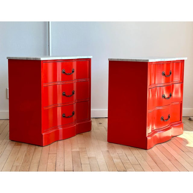 Traditional Marble Top Red Lacquered Serpentine Chests, a Pair For Sale - Image 3 of 9