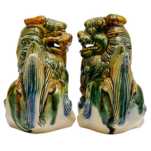 Mid 20th Century Pair of Mid 20th Century Chinese Green & Blue Glazed Ceramic Foo Dog Figurines For Sale - Image 5 of 9