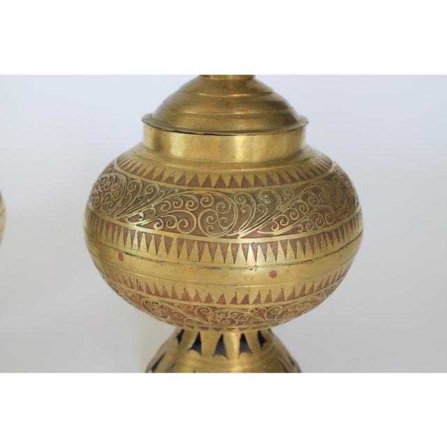 Vintage Etched Brass Asian Philippine Wedding Vessels or Urns - A Pair For Sale - Image 9 of 15