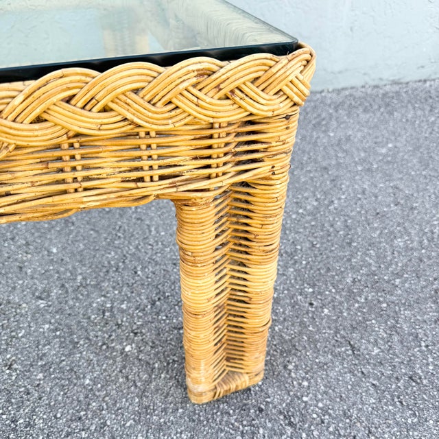 Mid 20th Century Boho Chic Woven Wicker Glass Top Square Coffee Table For Sale - Image 5 of 8