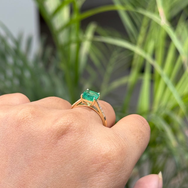 1.63ct Square Cut Zambian Emerald Diamond 14k Gold Victorian Engagement Ring Size 5 For Sale In New York - Image 6 of 18