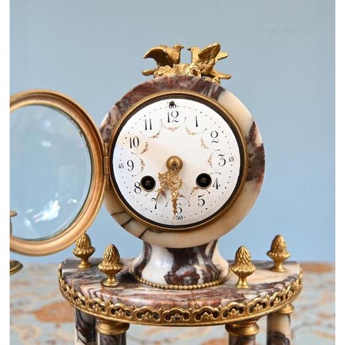 Metal Louis XVI Clock Set in Marble with Gilt Candelabras, 1890, Set of 3 For Sale - Image 7 of 18