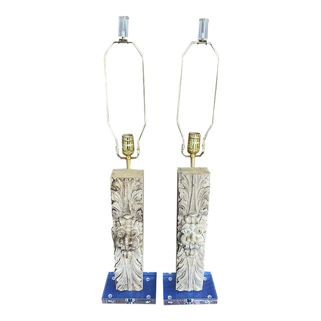 Pair Antique Carved Oak Architectural Fragment Table Lamps W/ Lucite Bases For Sale