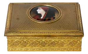 French Gilt Bronze Jewelry Box with Limoges Enamel Portrait Plaque