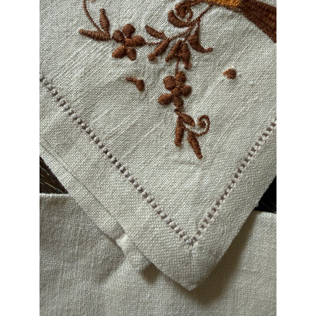 Vintage Fine Linen Luncheon Napkins, Embroidered Songbird Motif, Hemstitched Ivory Linen, C. 1940s–1950s - Set of Four For Sale - Image 4 of 8