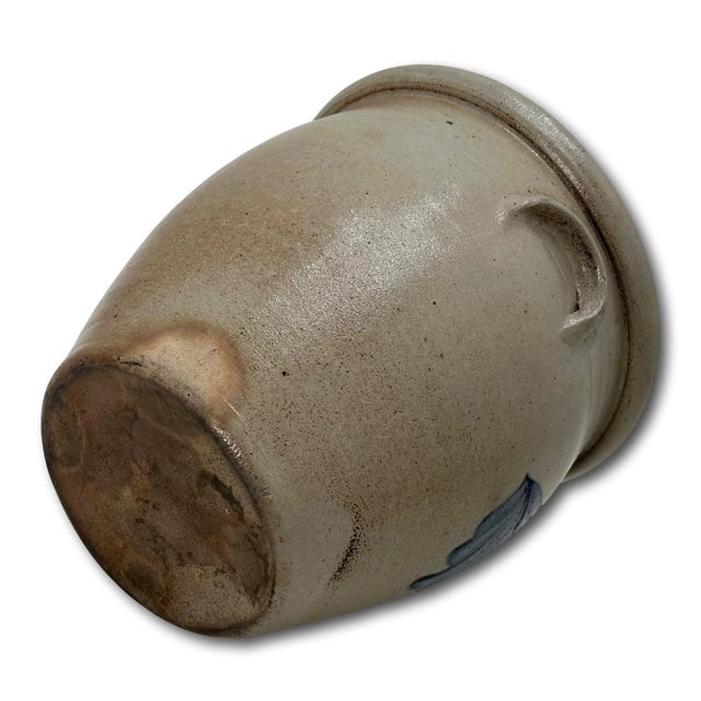 Blue Rare Small 1 Gallon Size Antique Evan Jones Pittston Pennsylvania Blue Decorated Stoneware Cream Jar With Handles For Sale - Image 8 of 12