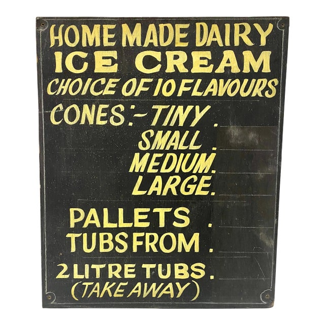 Vintage Hand-Painted Homemade Ice Cream Advertising Sign From England For Sale