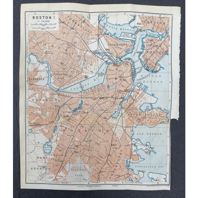 Folding map from a 1909 travel guide of North America of metropolitan Boston.