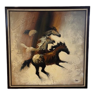 Vintage Expressionist Running Horses Oil Painting in Custom Frame For Sale