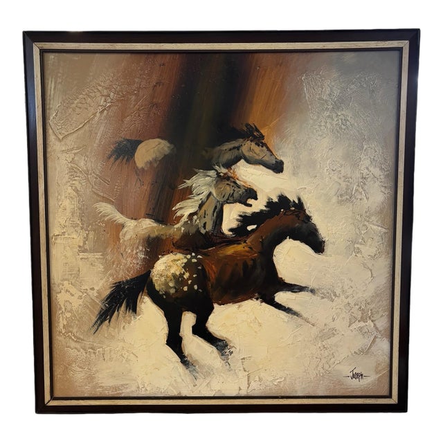 Vintage Expressionist Running Horses Oil Painting in Custom Frame For Sale