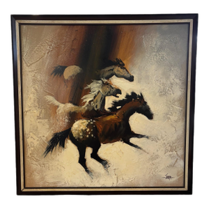 Vintage Expressionist Running Horses Oil Painting in Custom Frame