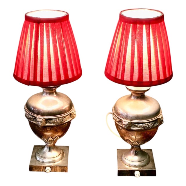 Vintage Gothic Style Silver Plated Table Lamps, 1930, Set of 2 For Sale