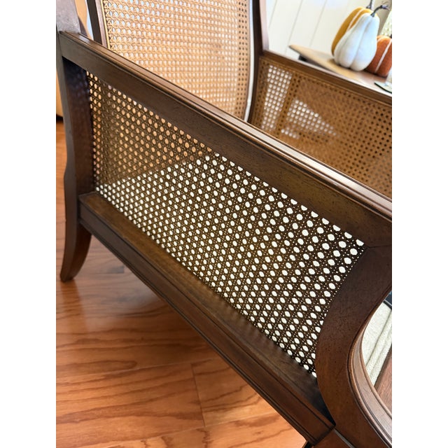 English Vintage Drexel Heritage Lineage Collection Cane Lounge Chair With New Neutral Upholstery For Sale - Image 3 of 9