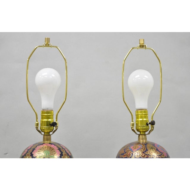 Vintage Brass & Cloisonné Enamel Pink & Blue Jardiniere Urn Table Lamps - Pair For Sale - Image 4 of 14