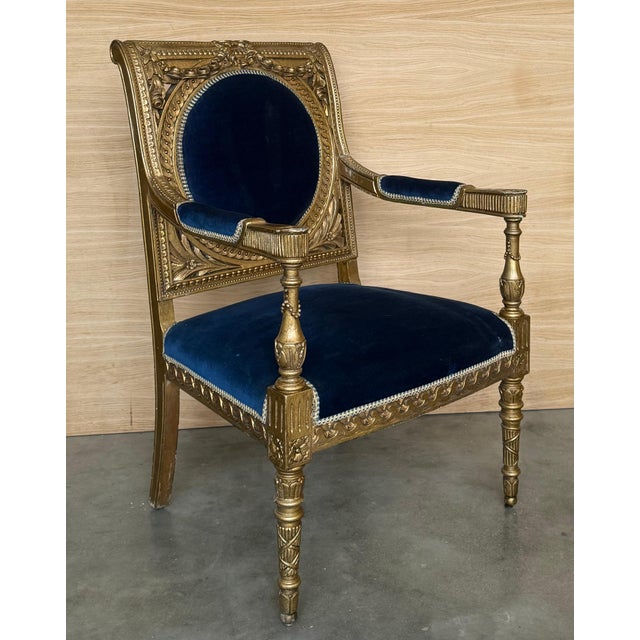 Mid 20th Century Pair of Louis XVI Style Giltwood Armchairs with Blue Klein Velvet For Sale - Image 10 of 18