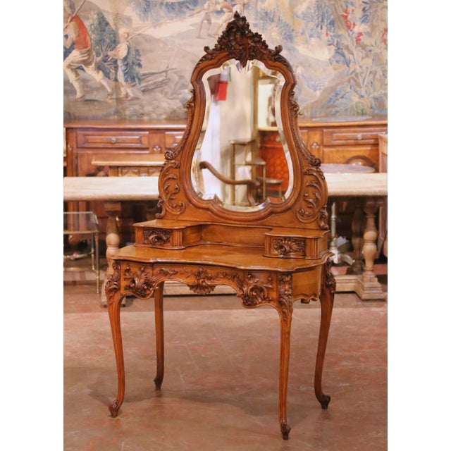 19th Century French Louis XV Style Walnut Coiffeuse Dressing Table With Mirror For Sale In Dallas - Image 6 of 13