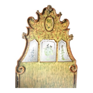 Rare Monumental Vintage Venetian Rococo Scroll Etched Mirrored Chinoiserie 7ft Tall Queen Size Headboard For Sale