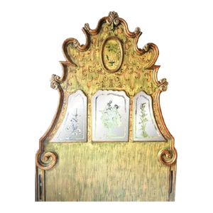 Rare Monumental Vintage Venetian Rococo Scroll Etched Mirrored Chinoiserie 7ft Tall Queen Size Headboard