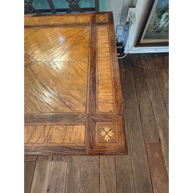 Neoclassical Mixed Wood Marquetry Italian Antique Writing Desk For Sale - Image 13 of 14