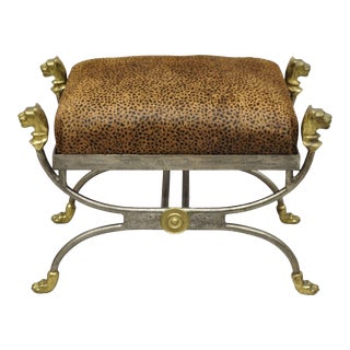 1970s Italian Regency Neoclassical Bronze Lion Head Paw Feet Steel Curule Bench For Sale