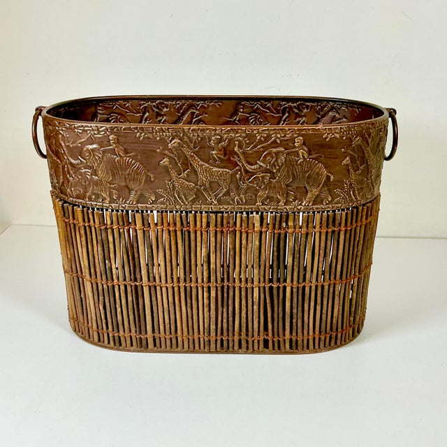 Wood 1980s Vintage Boho Chic Safari Coastal Tole Elephant, Monkey & Giraffe Faux Wood Bamboo Wastebasket For Sale - Image 7 of 16