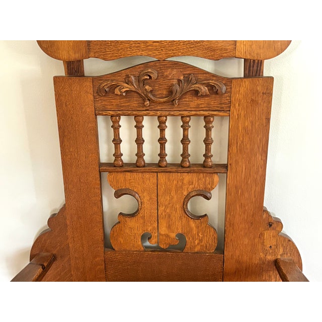 Antique American Carved Quarter-Sawn Oak Hall Tree Seat Stand With Mirror For Sale - Image 9 of 15