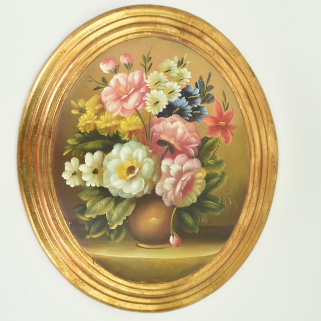 Mid 20th Century Antique Mid Century Modern Convex Italian Oil Painting Set Wooden Panel | Oval Still Life Flowers Wall Decor | Golden Frame Regency Floral - a Pair For Sale - Image 5 of 7