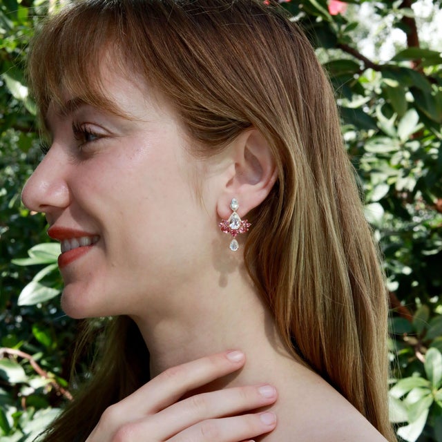 Blue Nina Zhou 10.38ctw Aspire Lotus Moonstone Pink Tourmaline Diamond Drop Earring For Sale - Image 8 of 8