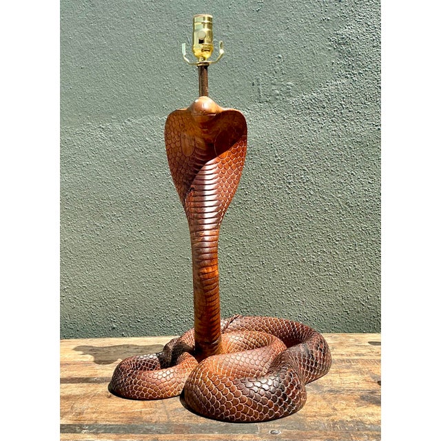 Mid-Century Modern Vintage Hand Carved Wood Cobra Lamp For Sale - Image 3 of 12