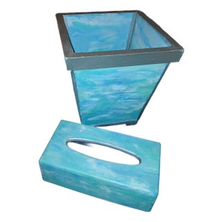 Vintage Coastal Painted Wastebasket Trash Bin and Tissue Box Set For Sale