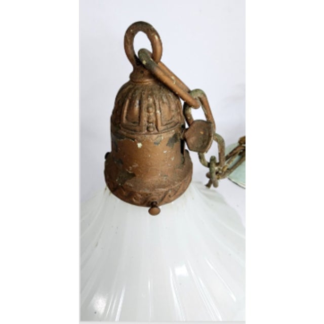 1920's Art Nouveau Ribbed Clambroth Glass Pendant Light For Sale - Image 4 of 8
