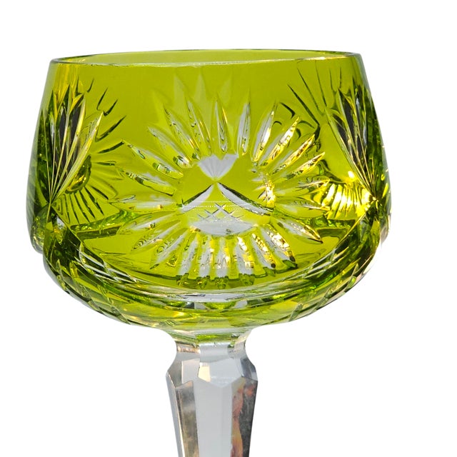 Exquisite Bohemian Bohemian Lime Green Cut to Clear Wine Glass With Fans Floral Design For Sale In San Francisco - Image 6 of 11