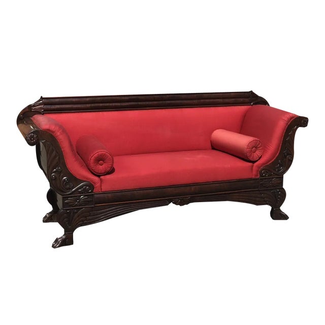 Antique Mahogany 3-Seater Sofa with Curved Ends and Lions Paw Feet For Sale