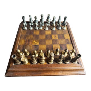 Mid-Century Medieval-Style Cast Metal Chess Set With Hardwood Board and Hand-Carved Storage Box For Sale