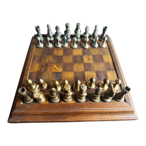 Mid-Century Medieval-Style Cast Metal Chess Set With Hardwood Board and Hand-Carved Storage Box