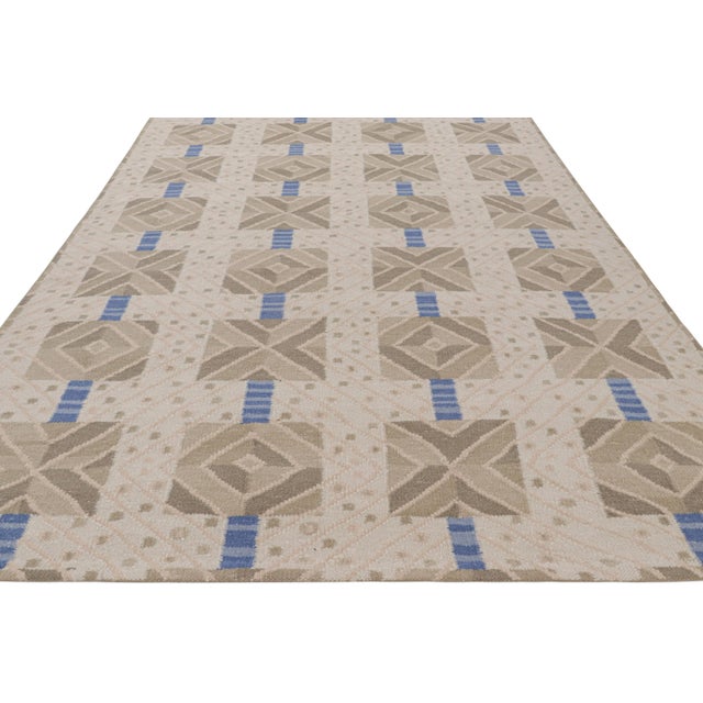 2010s Rug & Kilim’s Scandinavian Style Rug in Beige-Brown and Blue Geometric Patterns For Sale - Image 5 of 7