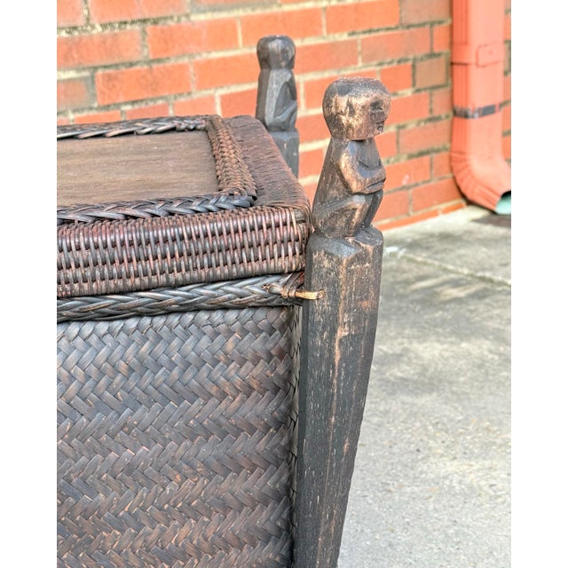 Late 20th Century Vintage Maximalist Tribal Rattan Storage Trunk / Japandi Coffee Table With Carved Guardians For Sale - Image 5 of 12