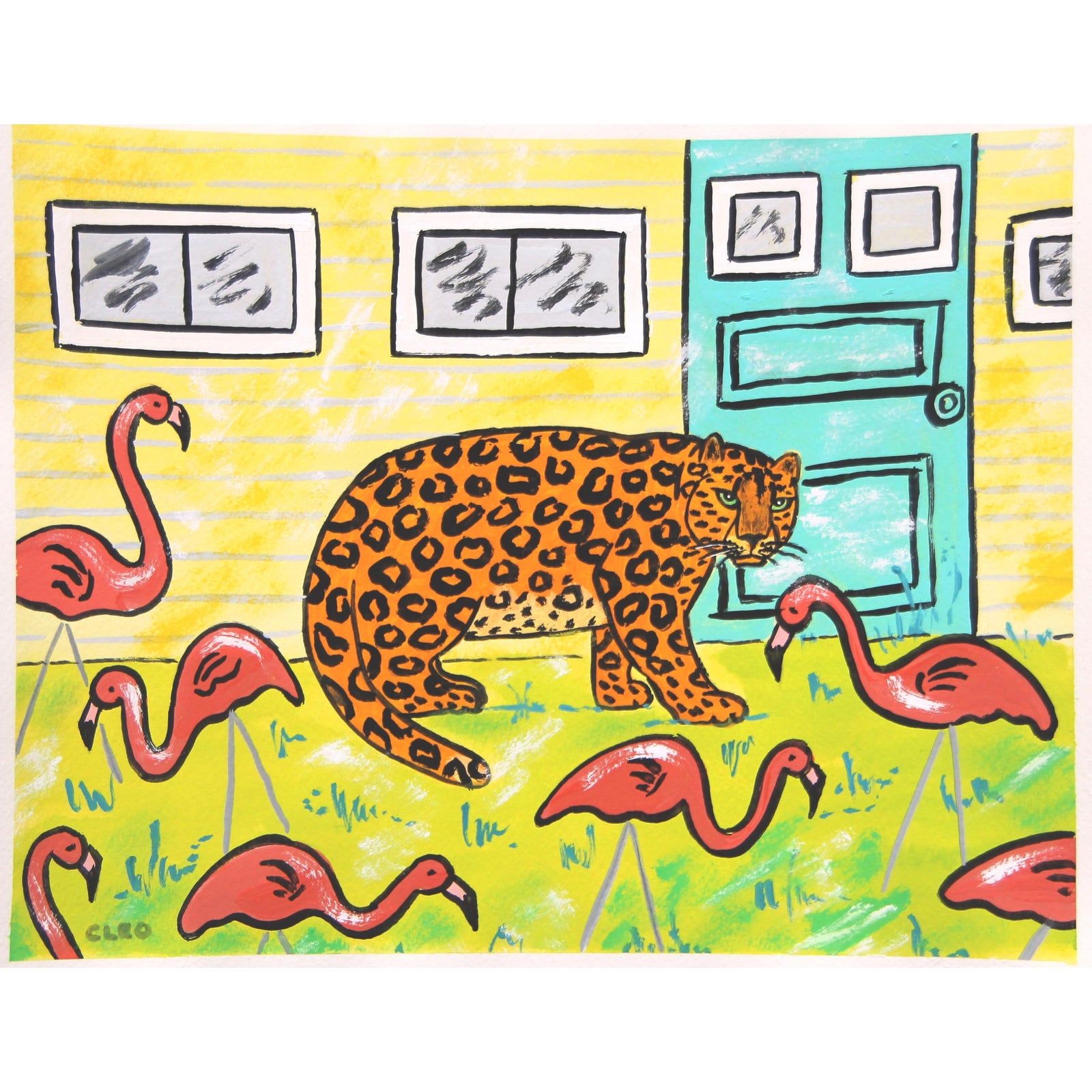 Lawn Flamingos and Leopard Pop Art Landscape Original Painting by Cleo